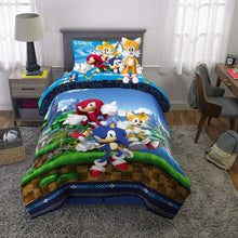 Kids bedding comforter set with Sonic characters, blue top, and colorful scene graphics