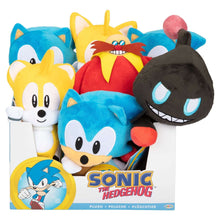 Sonic the Hedgehog plush toy in a display box with multiple character plushes