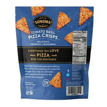 Blue bag of tomato basil pizza crisps with nutrition facts and barcode on the side