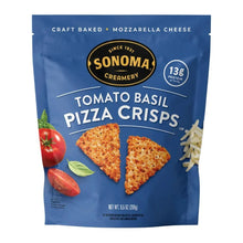 Blue bag of tomato basil pizza crisps, mozzarella cheese claim, with crisp triangle photos