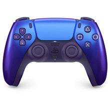 Wireless game controller with violet body, dark grips, and blue-tinted touchpad