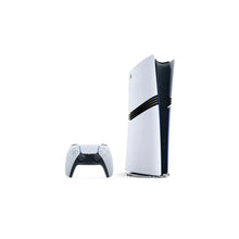 PlayStation 5 Pro console upright with white body, black side fins; controller nearby