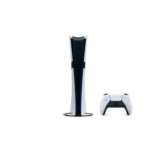 PlayStation 5 Pro console on stand with white body and black fins; DualSense controller