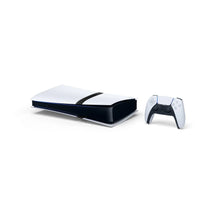 PS5 Pro console with white controller, laid horizontally on stand