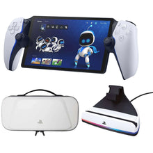 PlayStation Portal remote player with white controllers and blue screen display