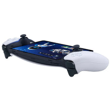 PlayStation Portal remote player with attached white controller grips and blue screen