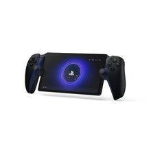 Black PlayStation Portal handheld with purple screen and dual controllers