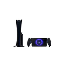 Black PlayStation Portal handheld with dual controllers beside a vertical console