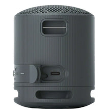 Dark gray portable Bluetooth speaker showing rear panel with ports and buttons