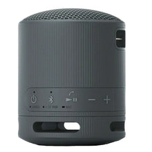 Dark gray portable speaker control panel with power, Bluetooth, and mic controls