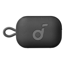 Bluetooth speaker, dark mesh fabric, loop handle, front logo on oval body