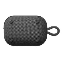 Bluetooth speaker, dark mesh fabric back panel, loop handle, four rubber feet