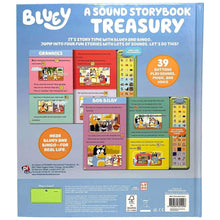 Soundy Stories with Bluey sound book, back cover with story summaries and sound-button diagram
