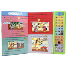 Open sound storybook spread titled "GRANNIES" with character scenes and sound strip