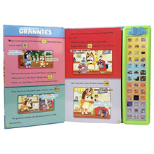 Soundy Stories with Bluey sound book, open pages with comic panels and green sound strip