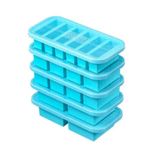 Stacked turquoise silicone freezer storage trays with snap-on lids and dividers