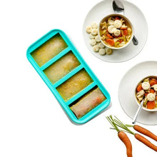 Turquoise silicone freezer storage tray with four long compartments and snap-on lid