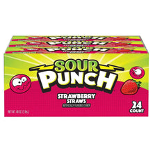 Sour Punch strawberry straws carton front with strawberry graphics, 24 count