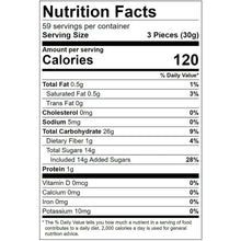 Nutrition Facts label showing calories, carbohydrates, sugars, and protein per serving