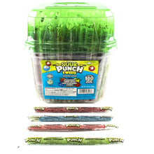 Sour Punch Twists variety container with green lid and assorted candy sticks showing