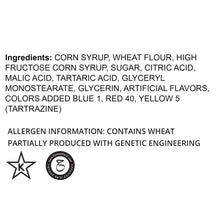 Ingredients label listing corn syrup, wheat flour, acids, and added colors