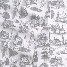 Close-up of gray countryside toile scene on white fabric for microfiber sheet set