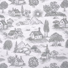 Close-up of gray countryside toile village and landscape print on white microfiber fabric