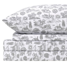 Folded microfiber sheet set with gray countryside toile on white, showing multiple layers