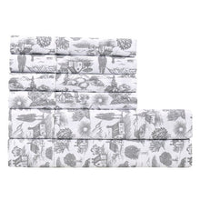 Stacked microfiber sheet set with gray countryside toile pattern on white fabric
