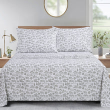 Microfiber sheet set with white ground and gray dog pattern, includes fitted sheet and pillowcases