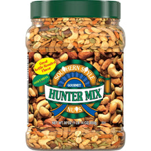 Southern Style Hunter Mix nut jar with green lid, filled with assorted roasted nuts