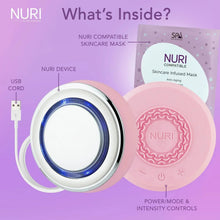 Pink NURI skincare infused mask box with compatible infuser device shown