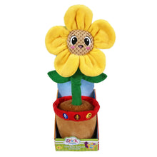 Talking plush sunflower with yellow petals, smiling face, and green stem in tan pot