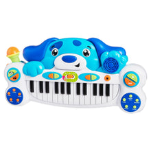 Blue bear-shaped electronic keyboard toy with colorful buttons and piano keys