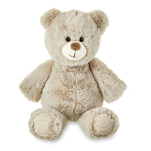 Tan bear plush with stitched face, sitting pose, bean-filled body, 17 in