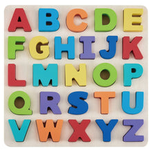 Wooden alphabet puzzle board with multicolor chunky letter pieces