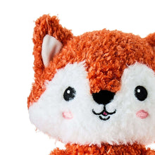 Orange fox plush head with white muzzle, stitched smile and eyes, hang tag