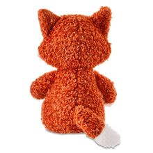 Orange fox plush toy with white belly patch and curled tail, soft textured fur