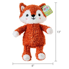 Orange fox plush toy, white face details and hang tag, 8 in wide, 13 in tall