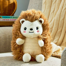 Brown hedgehog plush toy sitting with white striped belly, small paws, and tag attached.
