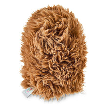 Brown hedgehog plush toy viewed from the back, textured fur with tag corner visible.