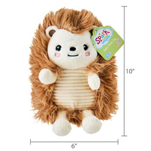 10-inch brown hedgehog plush toy with white face, striped belly, and tag attached.