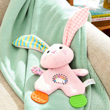 Pink plush bunny with striped ear, gingham ear, color wheel tummy, textured feet