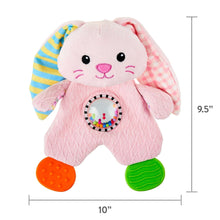 Pink plush bunny with striped and gingham ears, textured feet, color wheel tummy