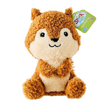 Squirrel plush toy, brown curly fur with cream muzzle and smiling face.