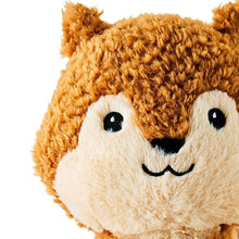Squirrel plush toy face, brown fuzzy fur with cream muzzle, black nose and smile.