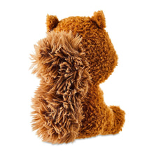 Squirrel plush toy, brown shaggy fur with curled body and small upright ears.