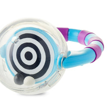 Clear baby rattle head with target graphic and blue/purple striped handle