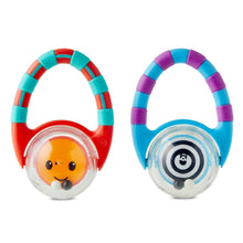 2-pack baby rattles with red and blue circular faces and striped handle rings