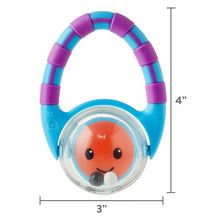 Blue and purple baby rattle with smiling orange face, 4 in tall
